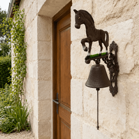 Gran campana de puerta de hierro fundido con caballo marrón