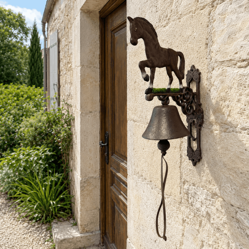 Campana mural con caballo instalada junto a una puerta