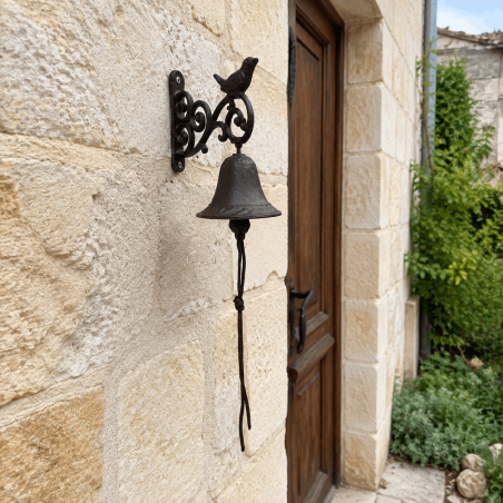 Campana de puerta de hierro fundido con pájaro marrón antiguo