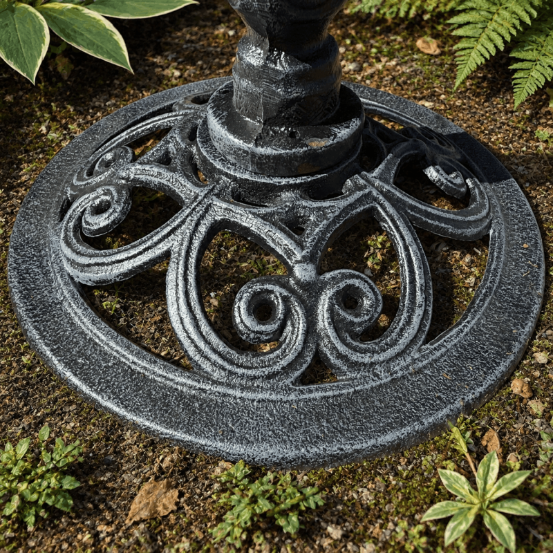 Pie ornamentado y base calada del baño para pájaros
