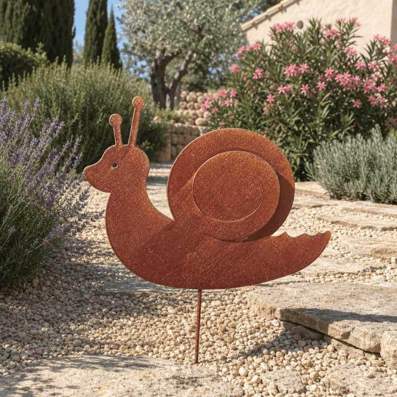 Silueta de caracol para clavar de metal oxidado | 42 cm