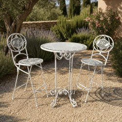 Salon de jardin mange-debout en métal blanc patiné – 2 places