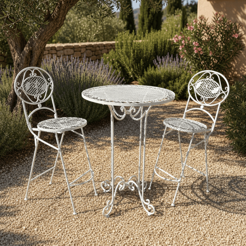 Salon de jardin mange-debout en métal blanc patiné – 2 places