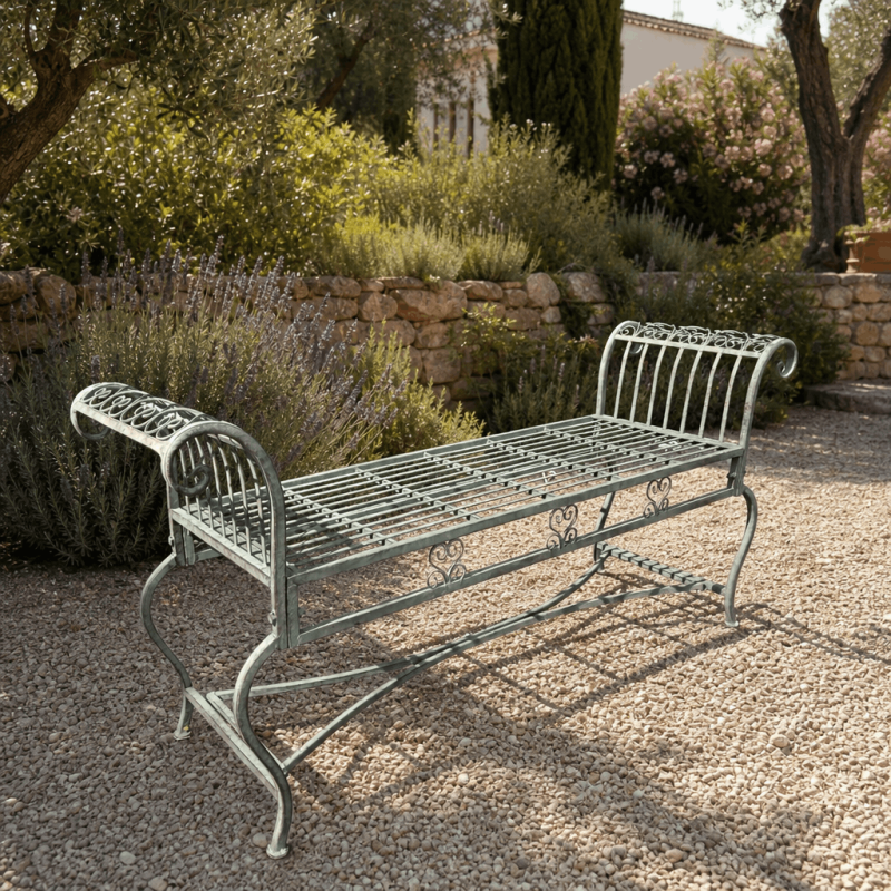 Banco de jardín de metal verde patinado – 134 cm
