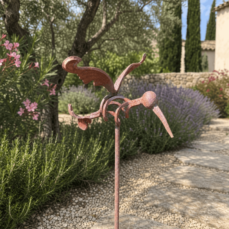Tutor decorativo con ave de metal oxidado – 114 cm