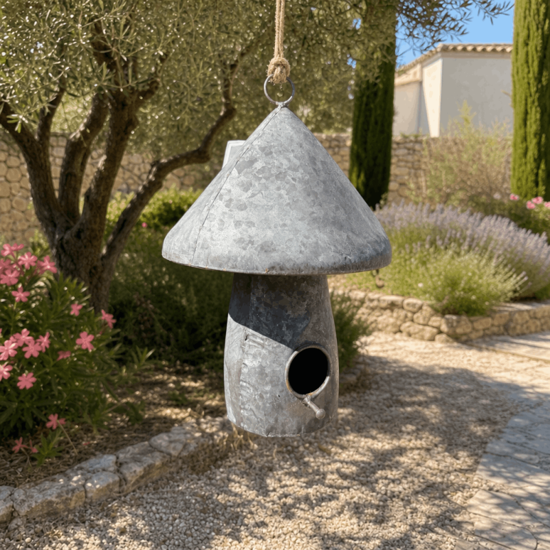 Nichoir à oiseaux champignon en métal à suspendre