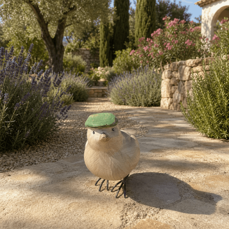 Pájaro decorativo de resina con boina verde – 9 cm