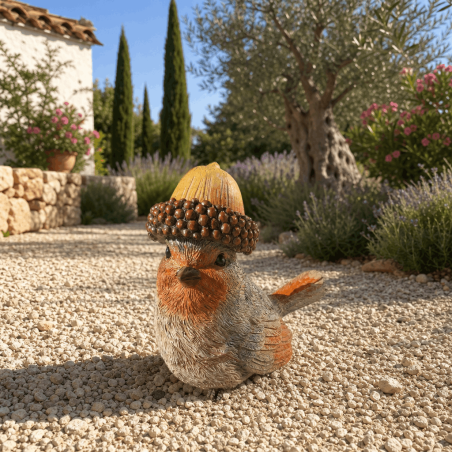 Petirrojo con gorro de bellota de resina – 10 cm