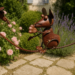 Móvil de jardín de metal con gato y ratones