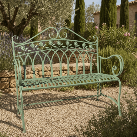 Banco de jardín de metal en verde salvia patinado, de estilo romántico