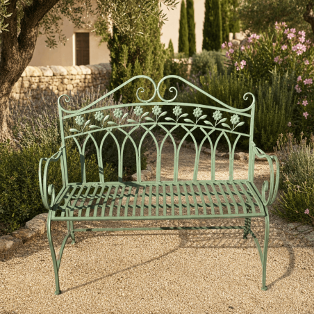 Banco de jardín de metal verde patinado con motivos florales de 112 cm