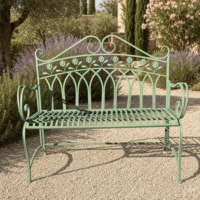 Banco de jardín de metal verde con respaldo decorado con flores