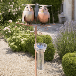Pluviómetro de jardín con dos búhos y embudo de vidrio graduado de 35 mm