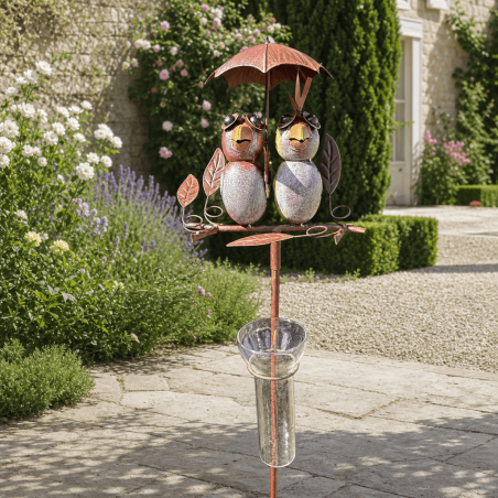 Pluviómetro decorativo para clavar con 2 pájaros bajo un paraguas – 135 cm de alto