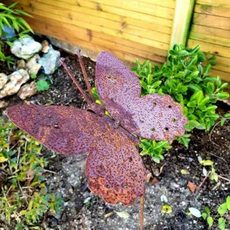 Pic de jardin décoratif en fer couleur rouille motif papillon