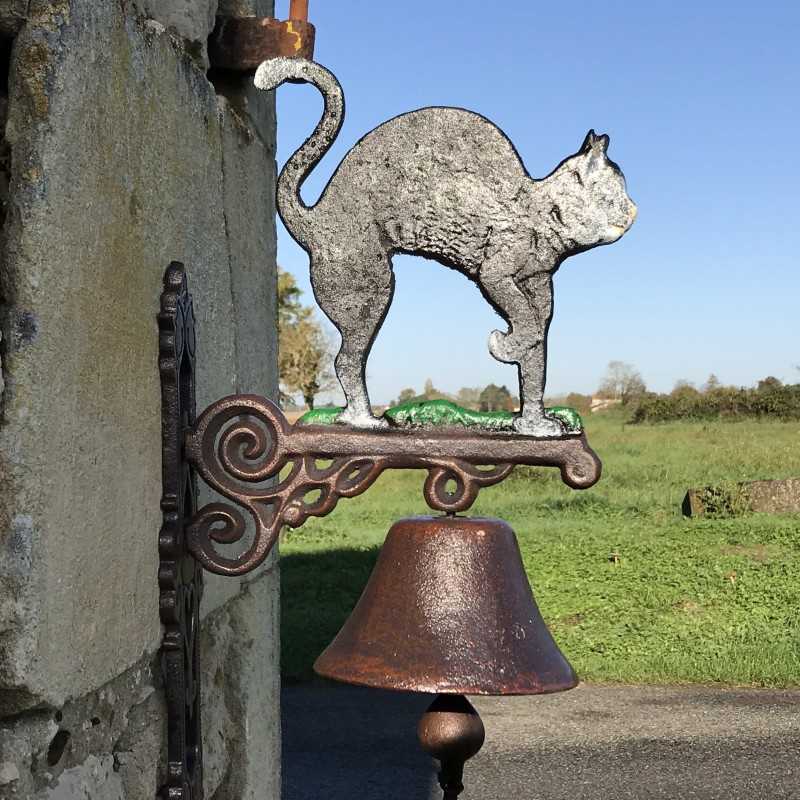 Grande campana de hierro fundido para puerta con gato negro  |  Lézard Jardin.