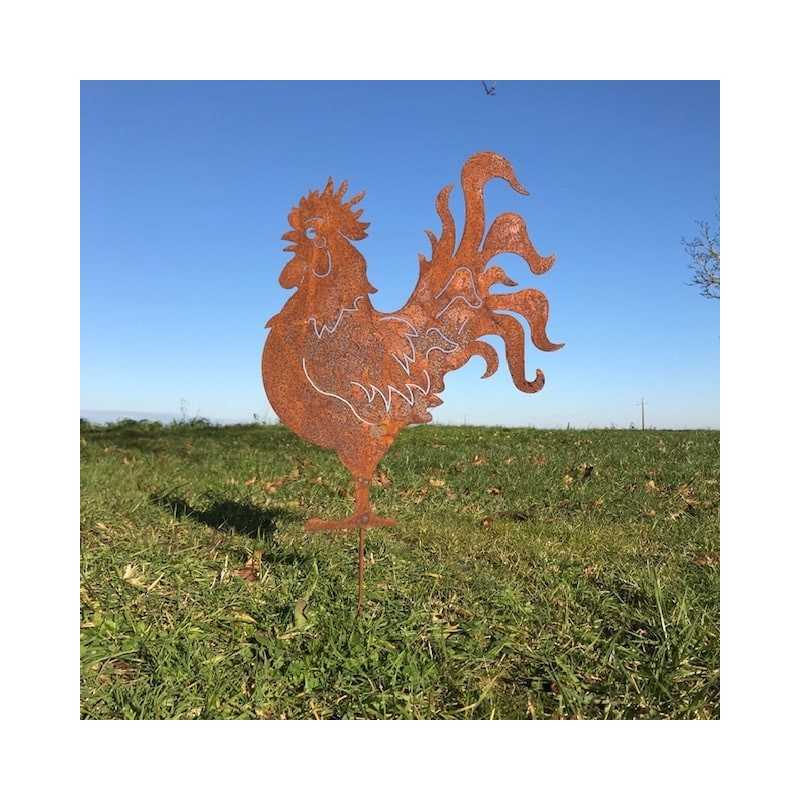 Gallo decorativo de metal oxidado para jardín