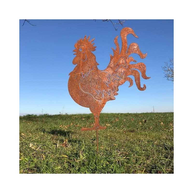 Gallo decorativo de metal oxidado para jardín