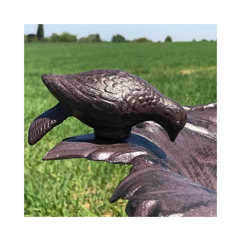 Gran comedero y baño para pájaros de hierro fundido, hoja de vid marrón, altura: 83 cm, vista del pájaro