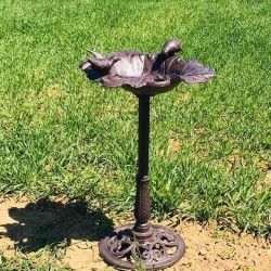 Gran comedero y baño para pájaros de hierro fundido, hoja de vid, marrón, H-83 cm, vista completa