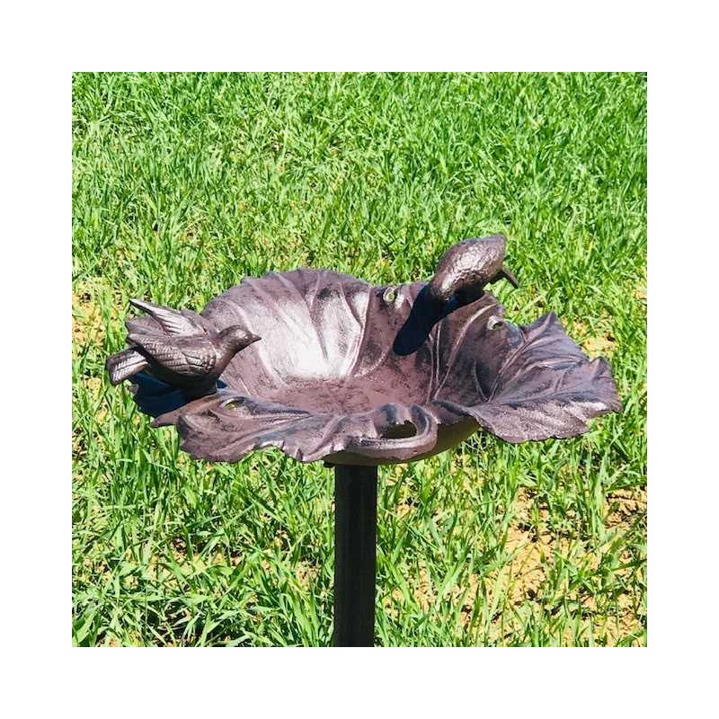 Gran comedero y baño para pájaros de hierro fundido, hoja de vid, marrón, H-83 cm