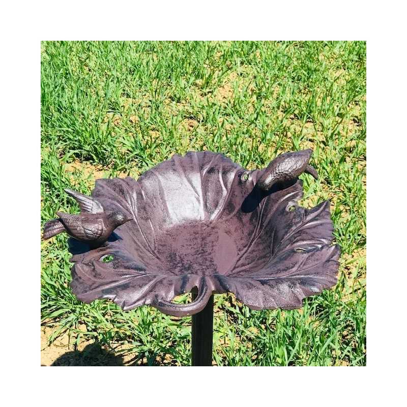 Grande Mangeoire Bain d'oiseau en Fonte Feuille De Vigne marron H-83cm vue du dessus 