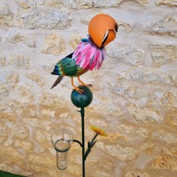 Pluviómetro decorativo de jardín con loro de colores