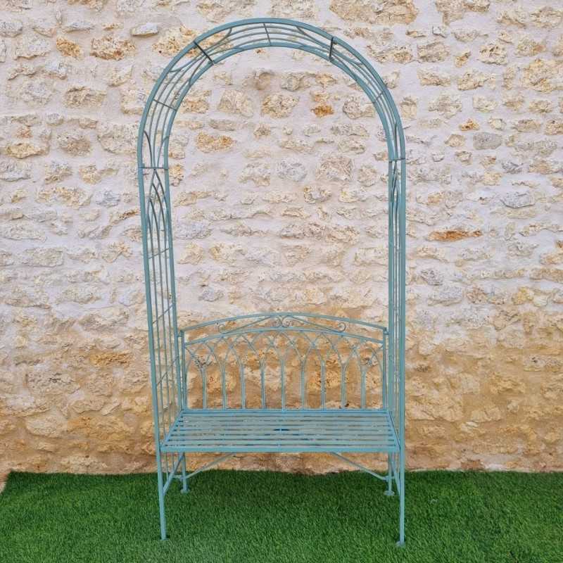 Banc arche de jardin fer forgé patiné vert antique confortable