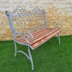 Banc de jardin fer forgé et bois patiné gris antique confortable