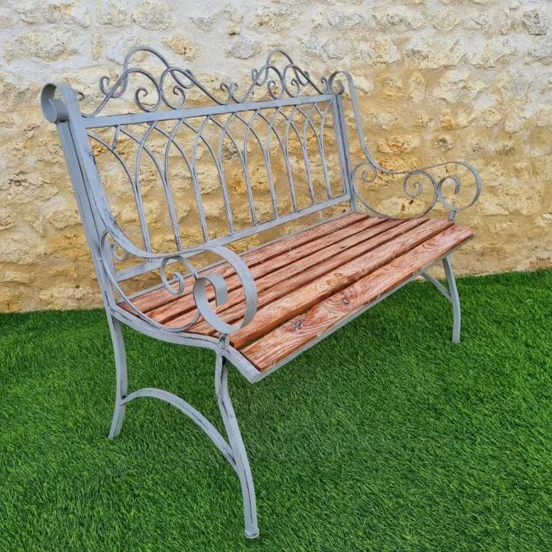 Banc de jardin fer forgé et bois patiné gris antique confortable