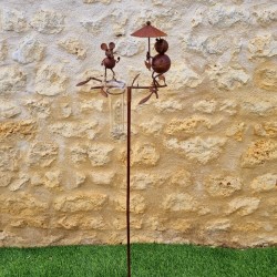 Pluviómetro para clavar con motivo de gato y ratón Tutor de planta Decoración de jardín en hierro patinado con embudo Tubo de vi