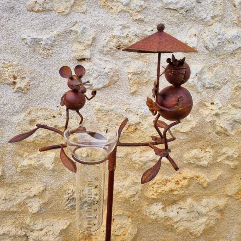 Pluviómetro para clavar con motivo de gato y ratón Tutor de planta Decoración de jardín en hierro patinado con embudo Tubo de vi