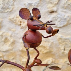 Pluviómetro para clavar con motivo de gato y ratón Tutor de planta Decoración de jardín en hierro patinado con embudo Tubo de vi