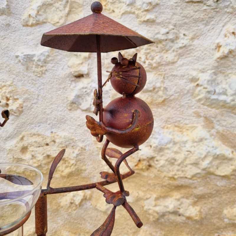 Pluviómetro para clavar con motivo de gato y ratón Tutor de planta Decoración de jardín en hierro patinado con embudo Tubo de vi