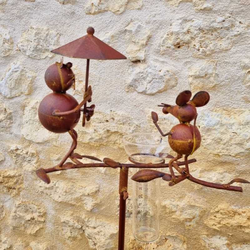 Pluviómetro para clavar con motivo de gato y ratón Tutor de planta Decoración de jardín en hierro patinado con embudo Tubo de vi