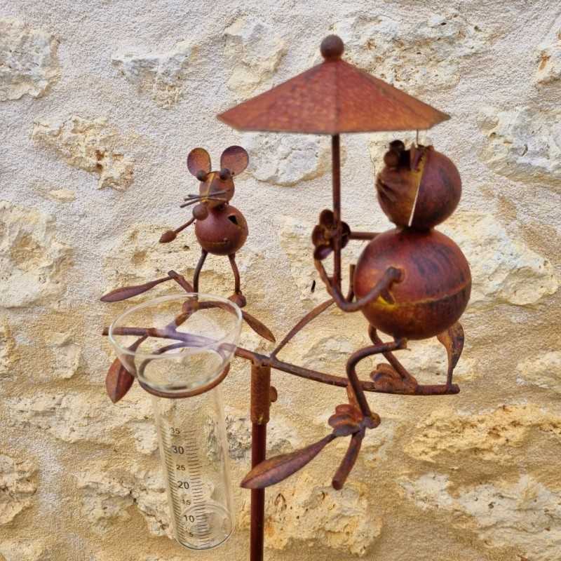 Pluviómetro para clavar con motivo de gato y ratón Tutor de planta Decoración de jardín en hierro patinado con embudo Tubo de vi