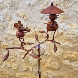 Pluviómetro para clavar con motivo de gato y ratón Tutor de planta Decoración de jardín en hierro patinado con embudo Tubo de vi