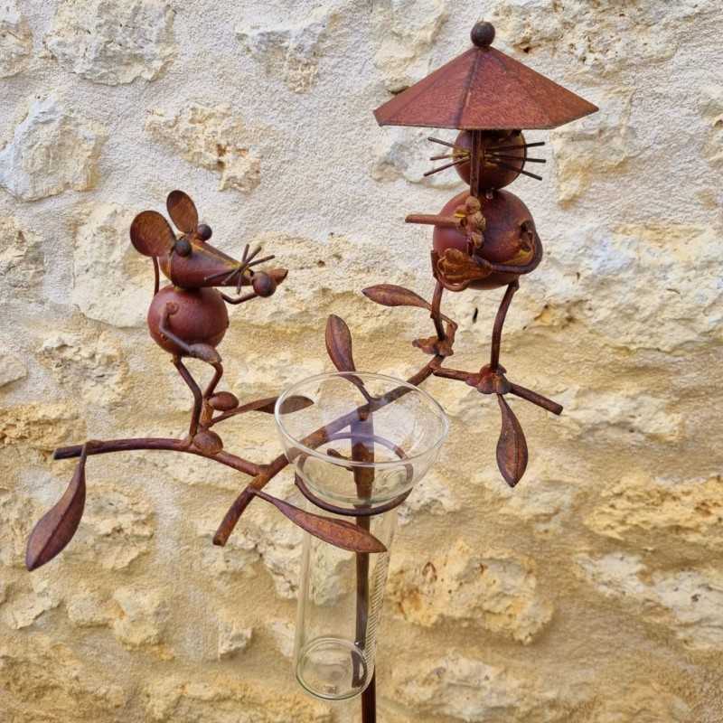 Pluviómetro para clavar con motivo de gato y ratón Tutor de planta Decoración de jardín en hierro patinado con embudo Tubo de vi