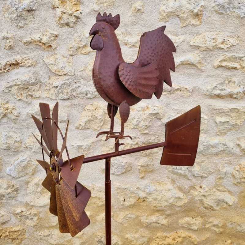 Pincho, molino de viento decorativo para jardín en hierro con motivo de gallo y acabado óxido 54,90 € LEZARD DU JARDIN
