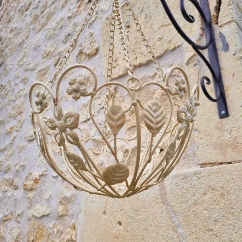 Cesta colgante para plantas de hierro beige envejecido marrón