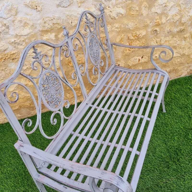 Banc en fer forgé et fonte 2 places patiné vue de haut 