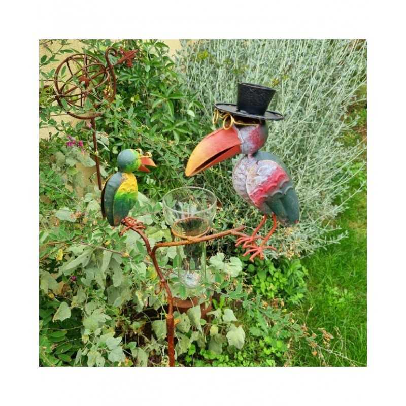 Pluviómetro de pincho, tutor para plantas, decoración de jardín con motivo de cuervo en hierro patinado, embudo y tubo de vidrio
