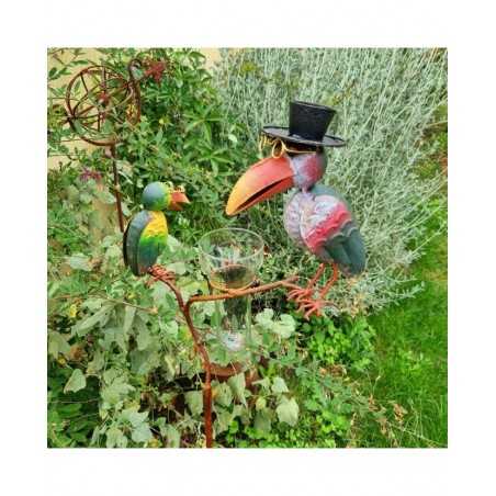 Pluviómetro de pincho, tutor para plantas, decoración de jardín con motivo de cuervo en hierro patinado, embudo y tubo de vidrio