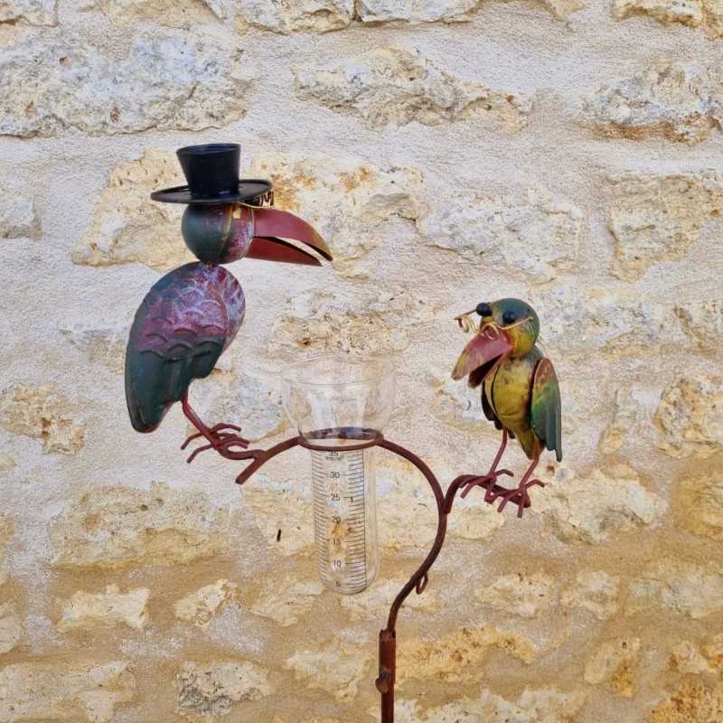 Pluviómetro de pincho, tutor para plantas y decoración de jardín con motivo de cuervo, de hierro patinado, con embudo y tubo de 