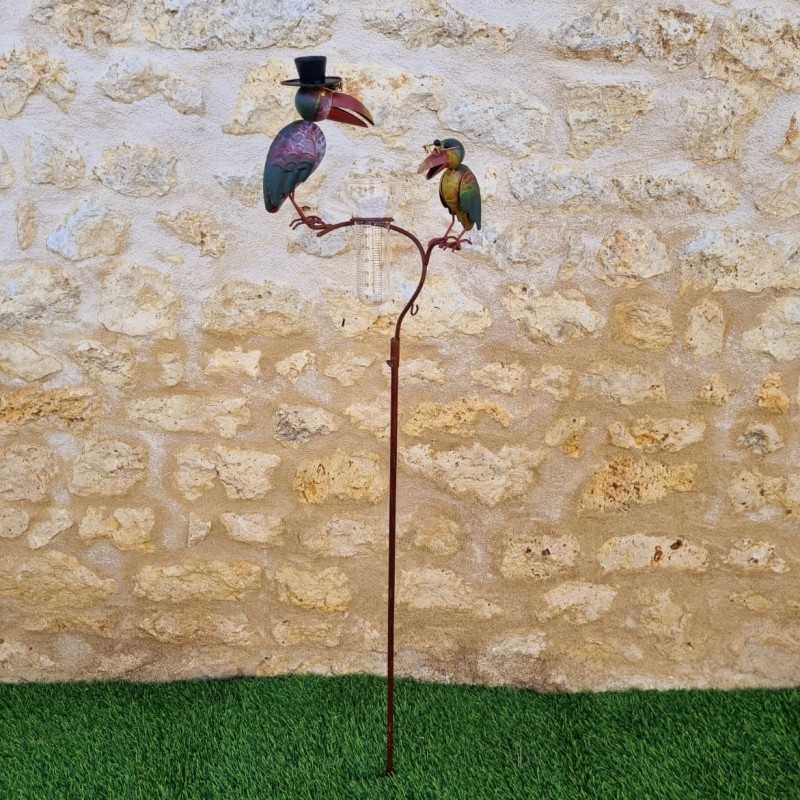 Pluviómetro de pincho, tutor para plantas, decoración de jardín con motivo de cuervo en hierro patinado y embudo, tubo de vidrio
