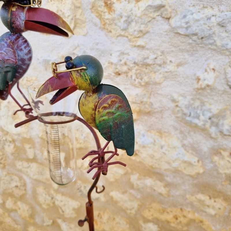 Pluviómetro de pincho, tutor para plantas, decoración de jardín, diseño de cuervo en hierro envejecido con embudo y tubo de vidr