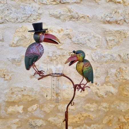 Pluviómetro de estaca, tutor para plantas y decoración de jardín con diseño de cuervo, de hierro patinado, con embudo y tubo de 