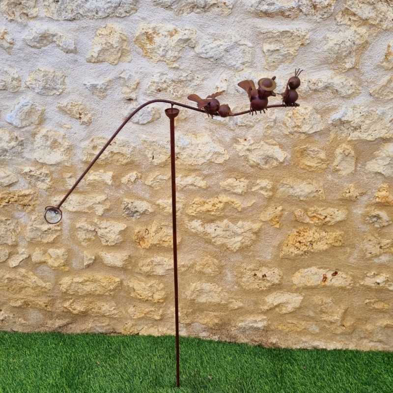 Mobile de jardin sur pic 3 oiseaux 126x71 en métal vue entière 