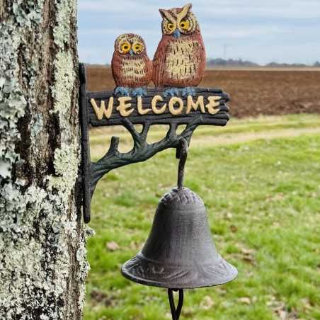 Campana de pared de hierro fundido con búhos Welcome – Vista completa