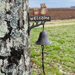 Campana de pared de hierro fundido con búhos Welcome